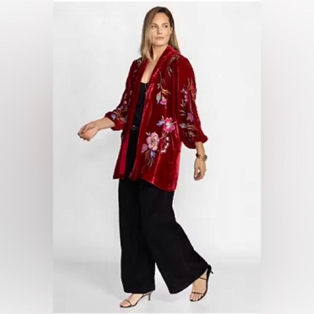 Johnny Was Burgundy Velvet Oversized Floral Blouse - Picture 3 of 7